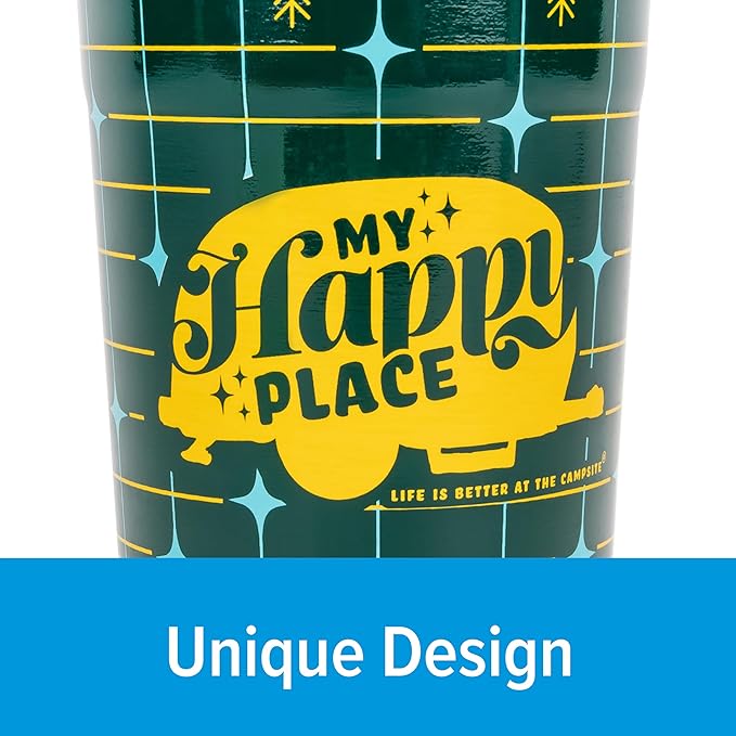 Camco Life is Better at The Campsite Tumbler | Heavy Duty Double Wall Vacuum Insulation | Crafted of 18/8 Stainless Steel | Unique “My Happy Place” Text w/Yellow Retro RV Design | 20-oz (53325)