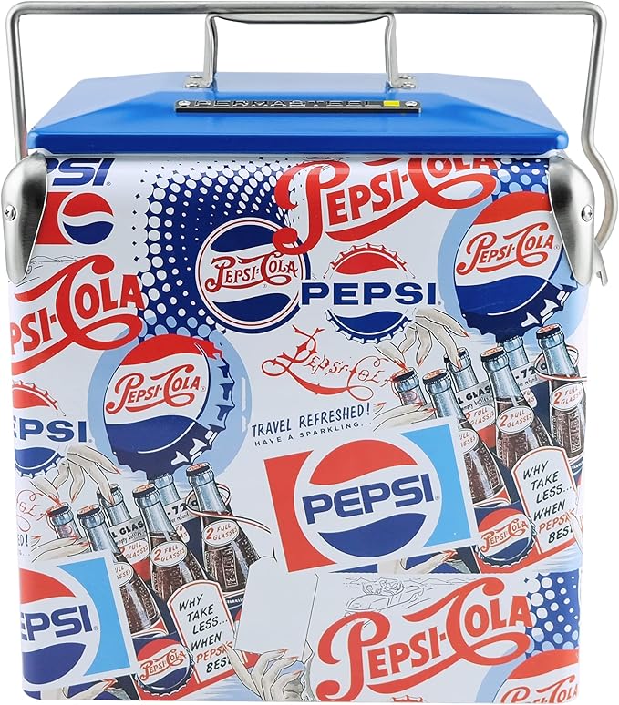 Pepsi 14-Quart Small Cooler | Retro Vintage Classic Style Hard Metal Beverage Cooler for Camping Beach Picnic, Pepsi Heritage Edition