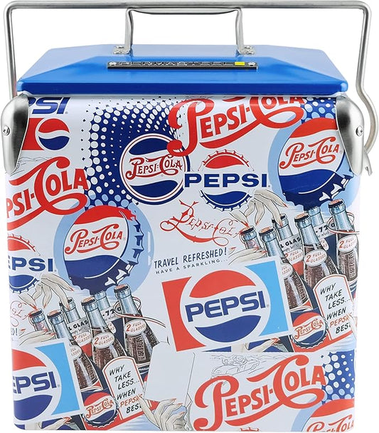 Pepsi 14-Quart Small Cooler | Retro Vintage Classic Style Hard Metal Beverage Cooler for Camping Beach Picnic, Pepsi Heritage Edition