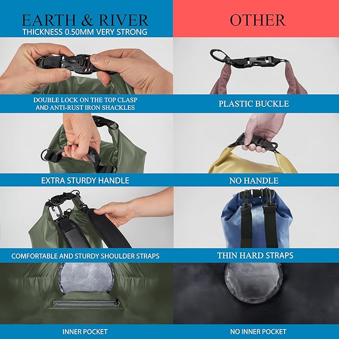 EARTH&RIVER Premium Dry Bag Backpack, Extra Thick, Protection for All Water Activities & Camping, Floating Lightweight Dry Bag with Inside Pocket Storage & IPX8 Waterproof Phone Case (Army Green, 30L)