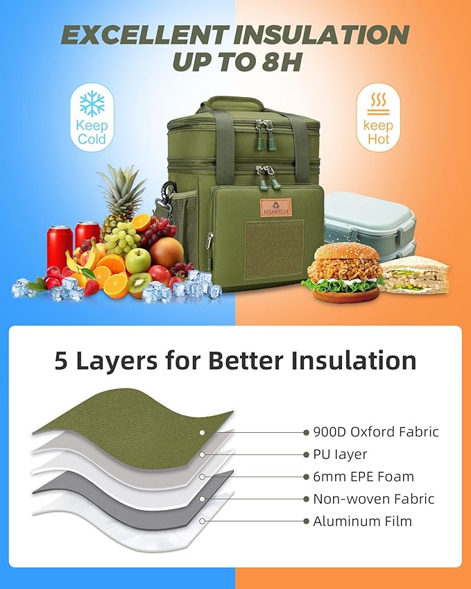 HSHRISH Tactical Lunch Box, Large Expandable Insulated Lunch Bag, Durable Leakproof Cooler Bag for Men/Women/Adults/Work Office Outdoor Picnic Trip,16 L, Army Green