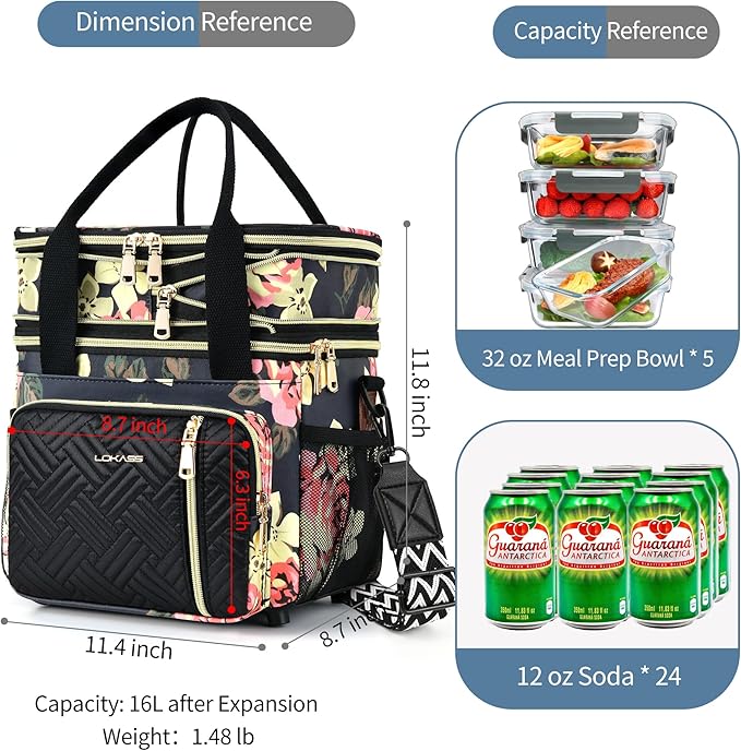 LOKASS Lunch Box for Women/Men-16L-Insulated Lunch Bag, Expandable Double-layer Leakproof Cooler Bag with Upgrade Adjustable Shoulder Strap Ideal for Work/Travel/Picnics（Floral）