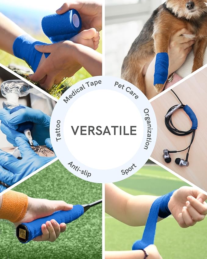 FriCARE Self Adhesive Bandage Wrap, Medical Tape in First Aid Kit, Cohesive Bandages for Wounds Sport Vet, FSA/HSA Eligible, 2 Inches X 5 Yards 6 Rolls, Navy Blue