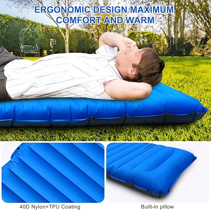 Camping Sleeping Pad,Ultralight Inflatable Camping Pads with Pillow & Foot Pump for Outdoor Hiking Travel Tent Backpacking Trip Car Camp Gear, Airpad Carry Bag,Compact Camping Mat, Blue