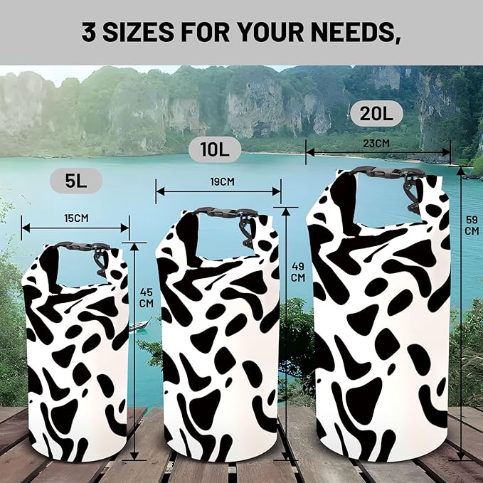 Waterproof Dry Bag,Roll Top Cow Print Black White Small Waterproof Backpack 5L/10L/20L Floating Lightweight Bags for Kayaking, Boating, Fishing, Swimming Camping with Waterproof Phone Case