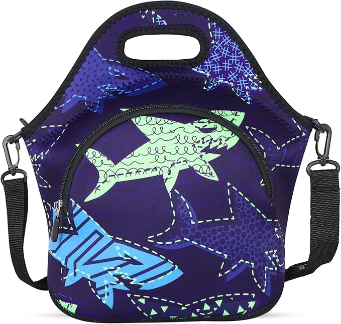 Violet Mist Shark 7 Inch Neoprene Lunch Bag, Reusable Insulated Food Carrier with Adjustable Shoulder Strap, 12.6 x 11.8 x 6.24 Inches