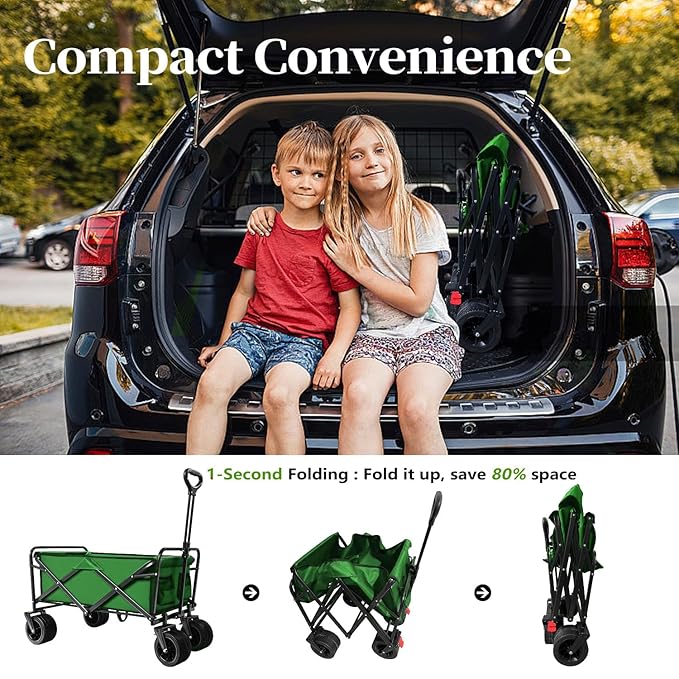 Collapsible Wagon Foldable Cart Heavy Duty, Large Capacity Grocery Beach Wagon for Camping Shopping, Green