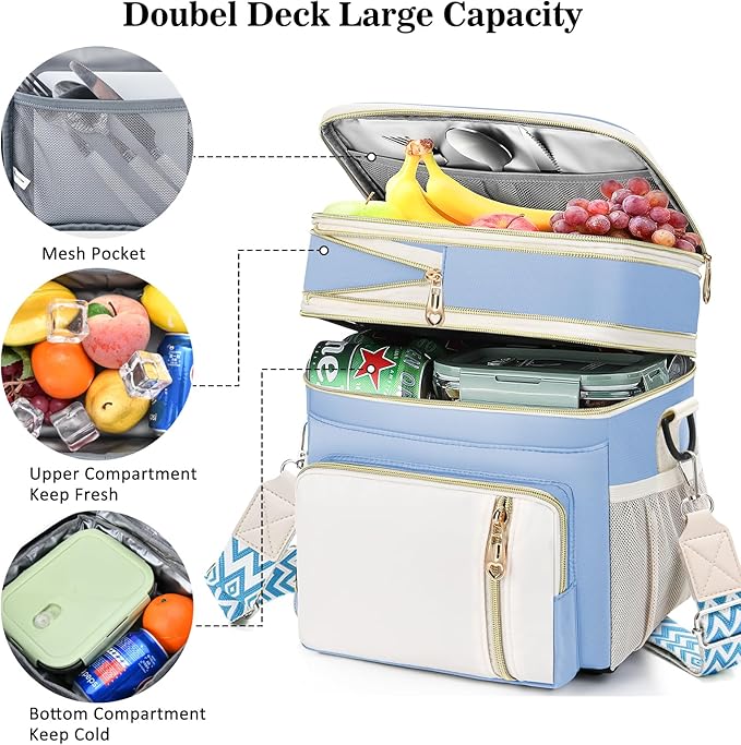 LOKASS Lunch Box for Women/Men-16L-Insulated Lunch Bag, Expandable Double-layer Leakproof Cooler Bag with Upgrade Adjustable Shoulder Strap Ideal for Work/Travel/Picnics（Sky Blue）