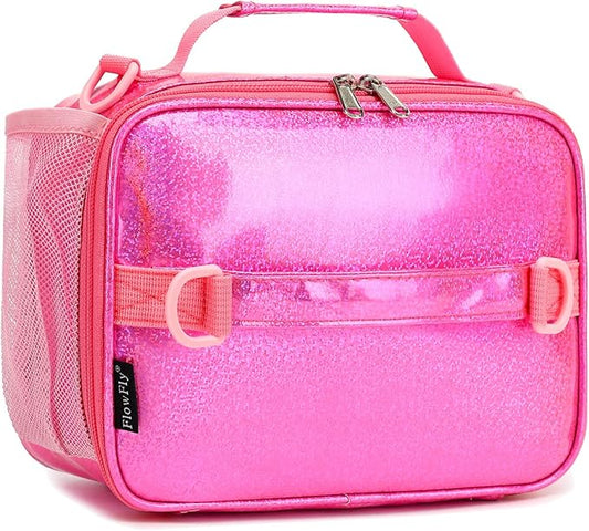 FlowFly Kids Lunch Bag, Durable Insulated School Lunch Box with Shoulder Strap and Bottle Holder, Water-resistant Thermal Small Lunch Cooler Tote for Teen Boys & Girls,Pink#PU