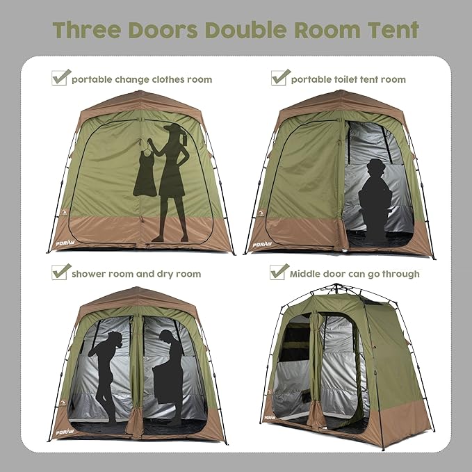 Camping Shower Tent Deluxe Changing Room Easy Set Up Privacy Shelter,Large Toilet Tent 2 Rooms with Floor Drain Design for Beach, Camping,Hiking with Stakes and Ropes for Stability
