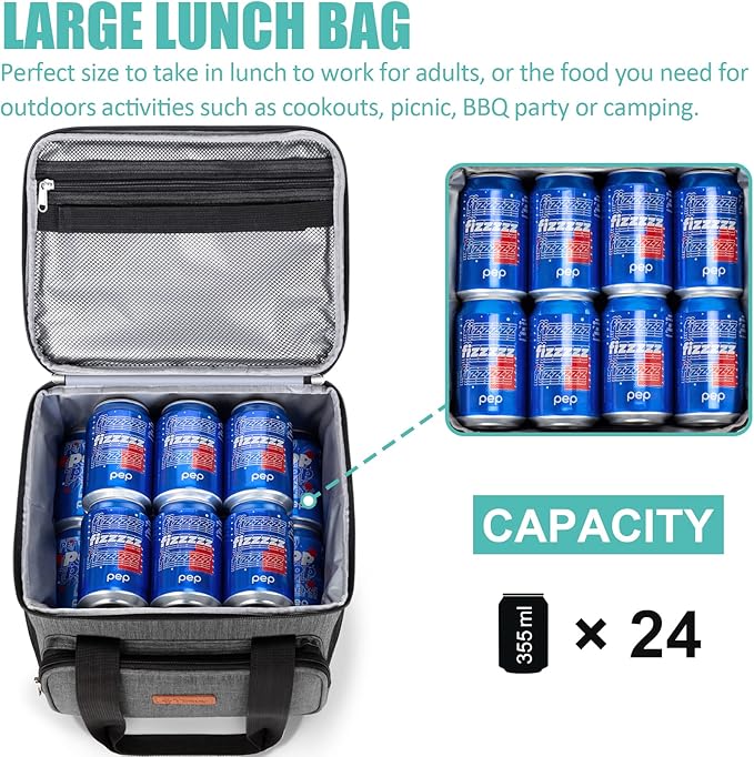 Tiblue Insulated Lunch Bag for Women/Men, Reusable Lunch Box for Office Work School Picnic Beach, Leakproof Freezable Cooler Bag with Adjustable Shoulder Strap for Kids/Adult(Large, Charcoal Grey)