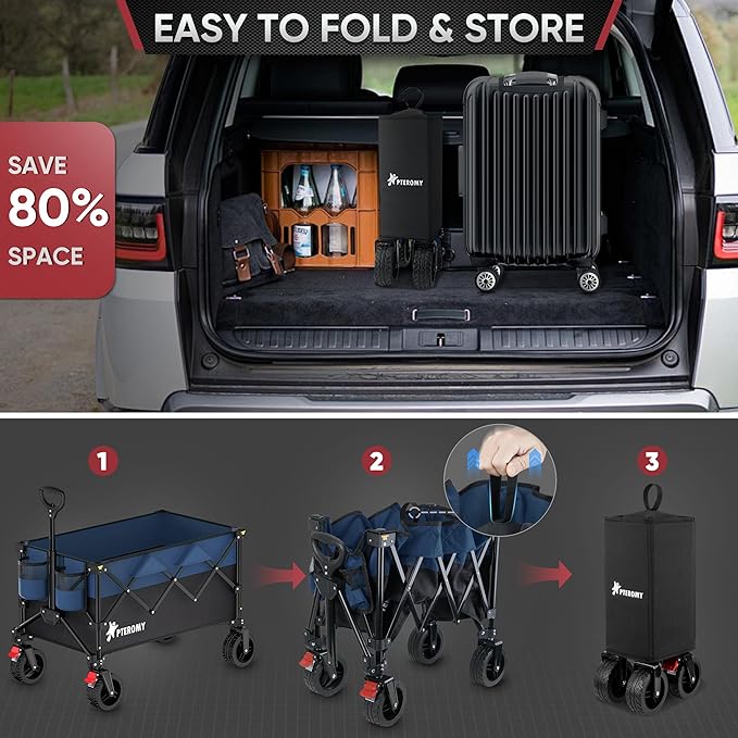 PTEROMY 150L Collapsible Wagon Cart Foldable, 360lbs Load Bearing Beach Cart Foldable Wagon for Shopping, Camping, Garden, Grocery, Outdoor (Black+Blue)