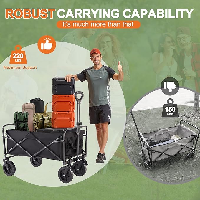 Collapsible Folding Wagon Cart with All-Terrain Wheels, Foldable Lightweight Utility Cart with Adjustable Handle, Portable Grocery Shopping Cart on Wheels for Beach, Garden, Camping, Sports, Black