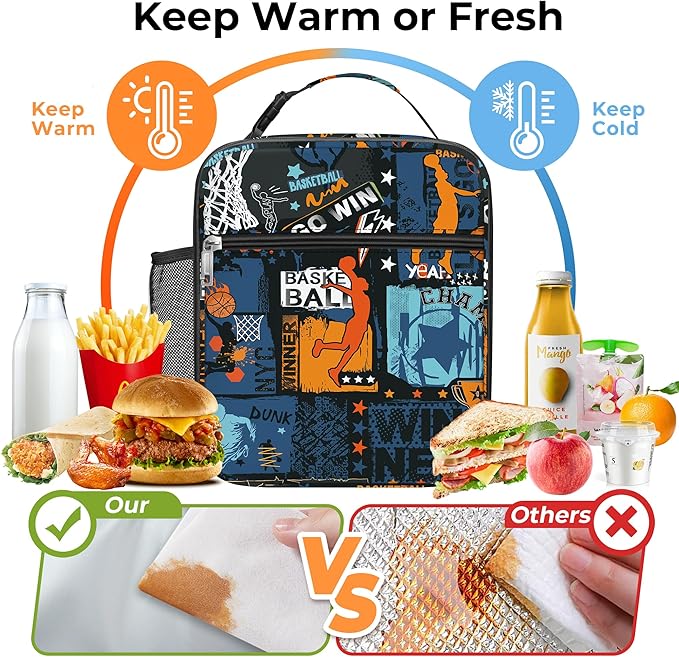 Clastyle Black Street Basketball Insulated Lunch Bag for Kids, Portable Large Thermal Cooler Lunch Bag for Boys, School Lunch Box Bag with Bottle Holder