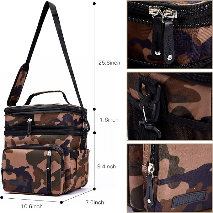 Men's Double/Women's Compartment Lunch bag, Insulated Lunch Cooler Tote 2 Roomy Large Reusable Water-resistant Lunch box (Camouflage)
