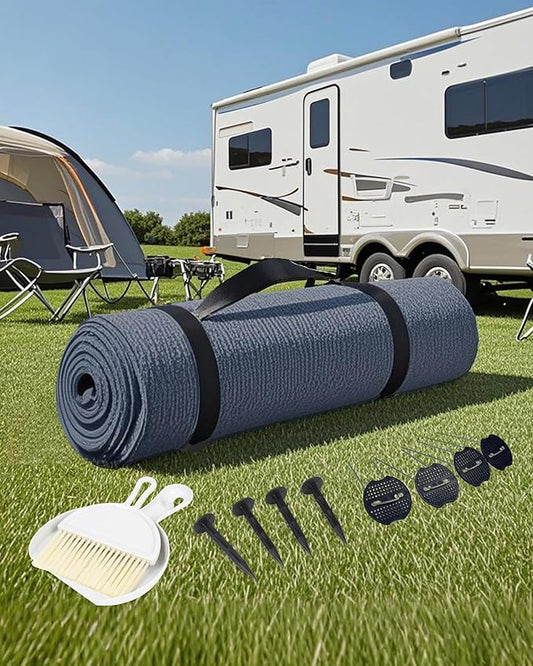 FoundGo Awning Carpet HDPE Camping Outdoor Rug with Eyelets,Nails,Broom,for RV,Patio,Backyard,Picnic,Beach,Trailer 8'*10' (2.44 * 3.05m)-Blue Grey