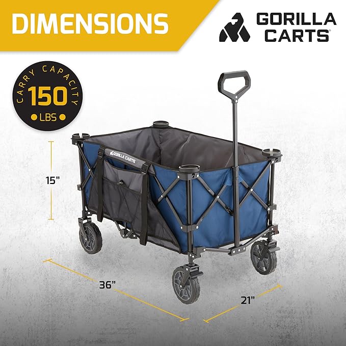 Gorilla Carts Foldable Wagon, Heavy Duty Collapsible Cart with Wheels, 7 Cu Ft, Blue - Portable Folding Utility Wagon for Groceries, Shopping, Beach, and Sports