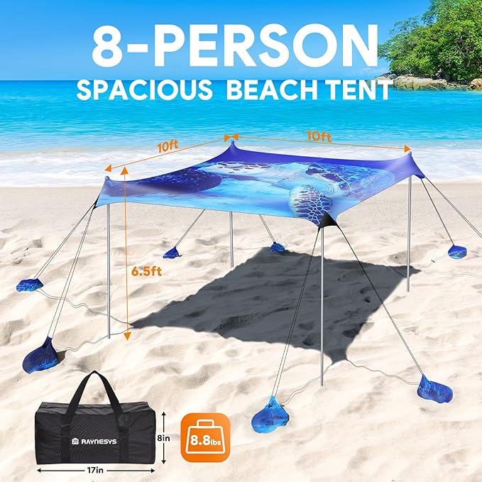 Beach Tent Sun Shelter, 10 x 10 FT Beach Canopy Tent Sun Shade, UPF50+ Beach Tent Canopy with 8 Sandbags & 4 Stability Poles, Outdoor Beach Tent for Beach Camping Fishing, Turtle