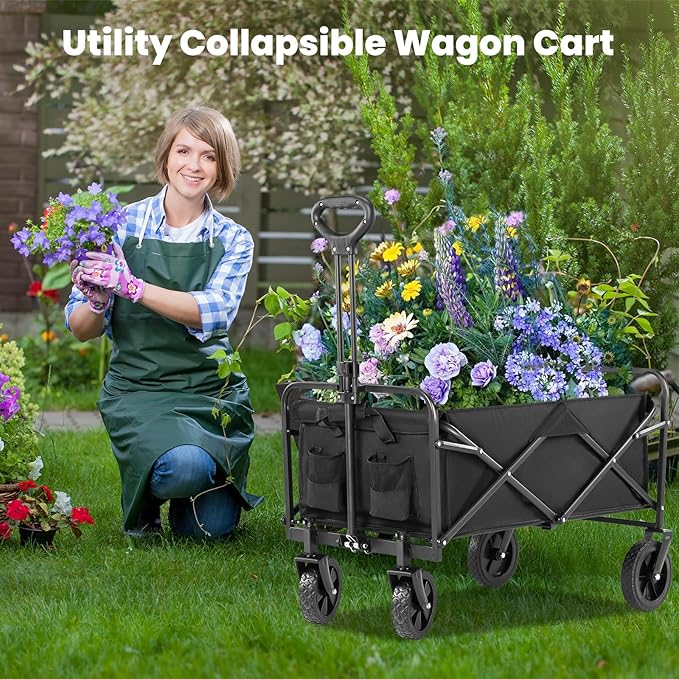 Sweetcrispy Collapsible Foldable Wagon Cart, Large Capacity Garden Beach Cart with All-Terrain Wheels, Heavy Duty Utility Grocery Wagon with Drink Holders for Shopping Sports Camping - 30IN Black