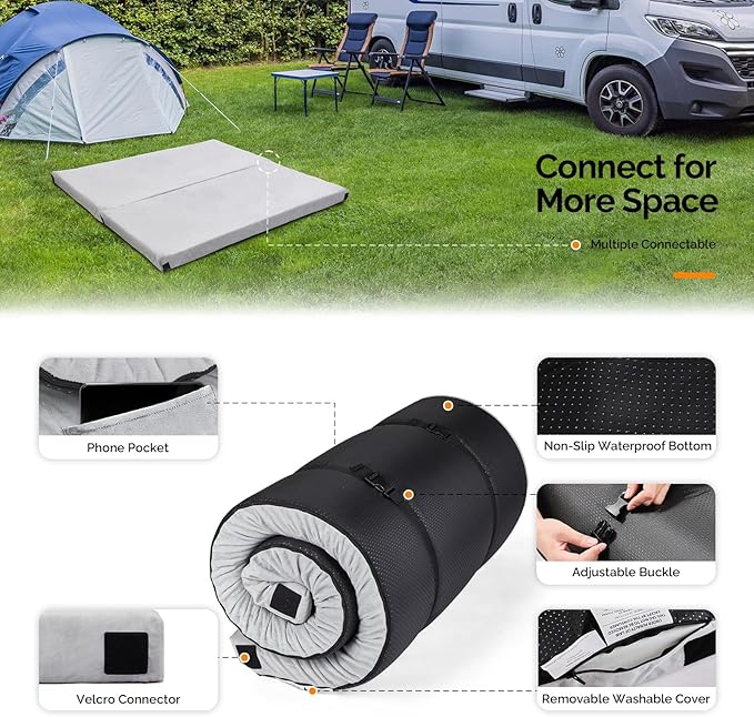 VINGLI 3 "Memory Foam Sleeping Pad Camping Mattress, Portable Floor Mattress Sleeping Mat Bed Roll Up for Guests Adult with Pillow & Phone Pocket