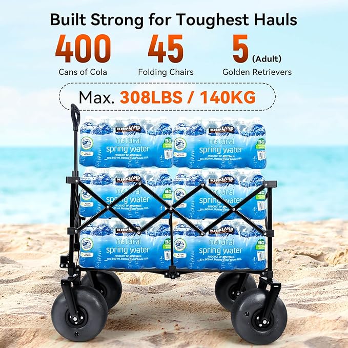 Hikenture Beach Wagon with Balloon Wheels, 9" PU Tires Collapsible Wagon, 308lbs Heavy Duty Beach Cart with Big Wheels for Sand, Large Capacity Utility Wagons Carts Foldable