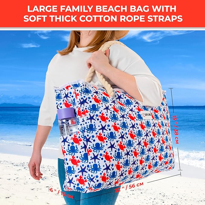 SHYLERO Beach Bag and Pool Bag. Has Airtight Pouch, Ton of Pockets. Beach Tote is Zippered, Water Resistant. Family Size