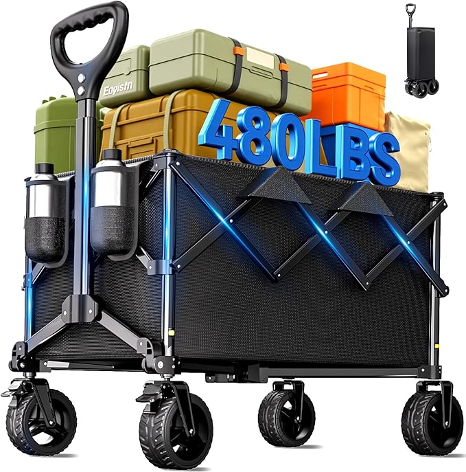 Collapsible Wagon Cart with Universal Wheels, 480LBS Wagons Carts Heavy Duty Collapsible Wagon with Cup Holders, Utility Beach Carts for Camping, Garden, Shopping, Fishing, Sports