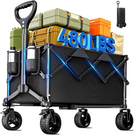 Collapsible Wagon Cart with Universal Wheels, 480LBS Wagons Carts Heavy Duty Collapsible Wagon with Cup Holders, Utility Beach Carts for Camping, Garden, Shopping, Fishing, Sports