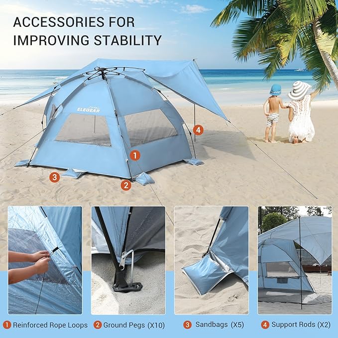 Elegear Beach Tent With 360 Removable Canopy, 4-6 Person Pop Up Sun Shade Shelter, UPF 50+ Automated Installation Double Silver Coating Portable Lightweight Cabana