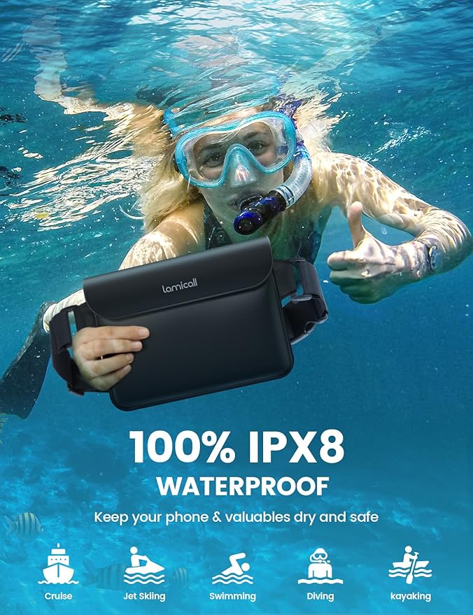 Lamicall Waterproof Fanny Pack - [2Pack] [Easy Handling] Dry Bags Waterproof Pouch with Elastic Waist Strap for Swimming, Beach, Kayaking, Cruise Ship Essentials, 8.7” for iPhone 16 15 14 13 Pro Max