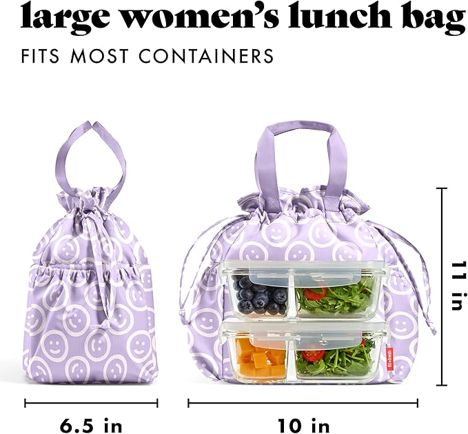 Fit & Fresh Lunch Bag For Women, Insulated Womens Lunch Bag For Work, Stain-Resistant Large Lunch Box For Women With Containers, Cinch Closure Cromwell Bag, All Smiles Lavender