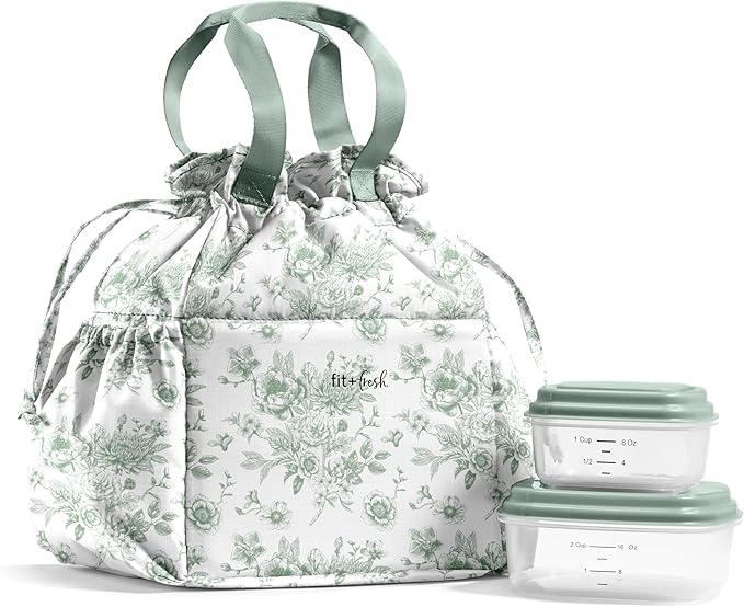 Fit & Fresh Lunch Bag For Women, Insulated Womens Lunch Bag For Work, Stain-Resistant Large Lunch Box For Women With Containers, Cinch Closure Cromwell Bag, Sage Floral Toile