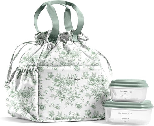 Fit & Fresh Lunch Bag For Women, Insulated Womens Lunch Bag For Work, Stain-Resistant Large Lunch Box For Women With Containers, Cinch Closure Cromwell Bag, Sage Floral Toile