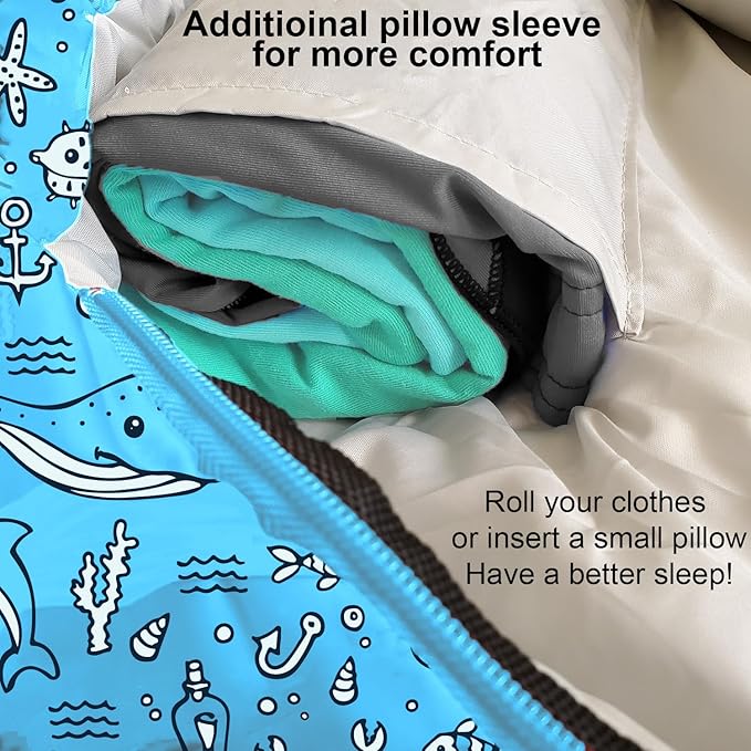 KidzAdventure Mummy Style 32 – 59F Kids Sleeping Bag with Pillow Sleeve, 4 Season, Lightweight and Backpacking Style, Ideal for Camping, Sleepover, Boys, Girls, Youth and Toddlers