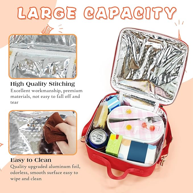 Insulated Lunch Bag Women Lunch Box Kids for Teen Girls Boys, Cute Preppy Lunch Boxes With Adjustable Shoulder Strap, Waterproof Nylon Lunchbox Lunch Bags for School Work Picnic (Red)