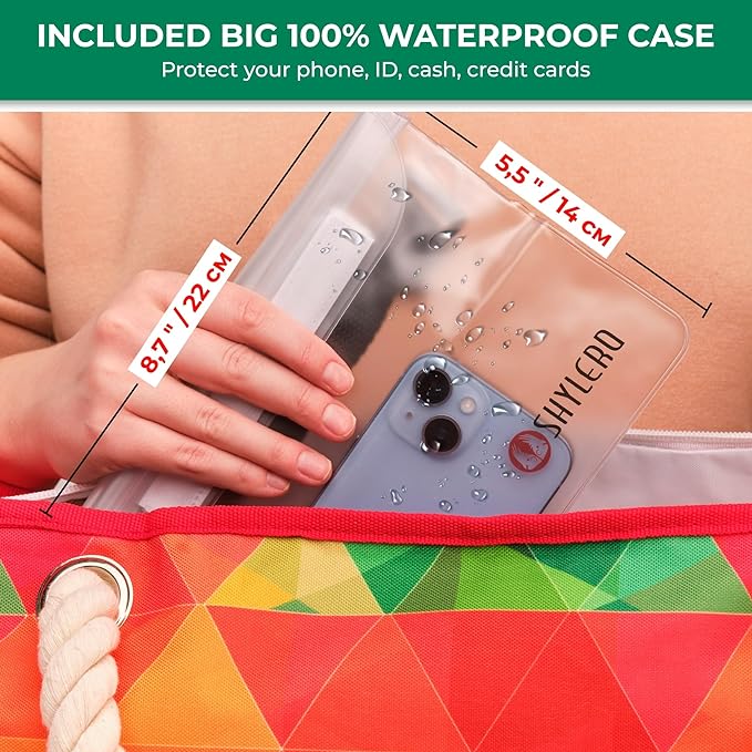 SHYLERO Beach Bag and Pool Bag. Has Airtight Pouch, Ton of Pockets. Beach Tote is Zippered, Water Resistant. Family Size