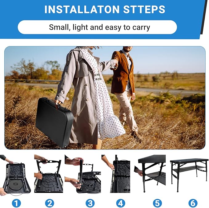 Portable Folding Table and Stool Set, Lightweight Foldable Table & Collapsible Stool for Camping Picnic Beach Fishing, Sturdy Small Outdoor Table with Mesh Layer Storage