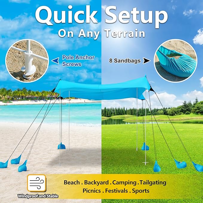 Beach Canopy Tent Sun Shade - Uboway UPF50+ Protection Sun Shelter with 4-8 Sandbags, Includes Stability Poles and Big Ground Pegs, Toldo de Playa 10X10FT, Pop Up Tent for Beach or Camping, Blue