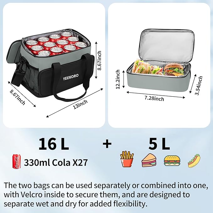 Cooler Bag, 16L+5L Insulated Lunch Box, Double Cooler Bag with Adjustable Shoulder Strap for Men & Women, Leakproof Lunch Cooler Ideal for Work Picnic Travel Shifts Daytrip