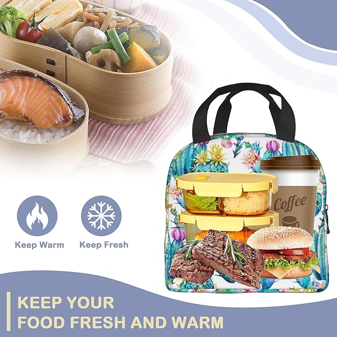 Insulated Lunch Bag,Watercolor Blooming Cactus Lunch Box for School Student Kids Boys Girls,Leakproof Small Lunch Tote for Adult Men Women,Reusable Lunch Cooler Tote Bag for Office Work Picnic