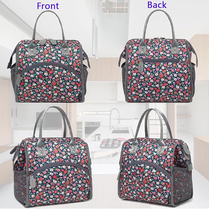FlowFly Insulated Lunch Bag for Women, Men, Large and Reusable, Handle, Work and Travel Tote and Meal Prep Organizer, Floral