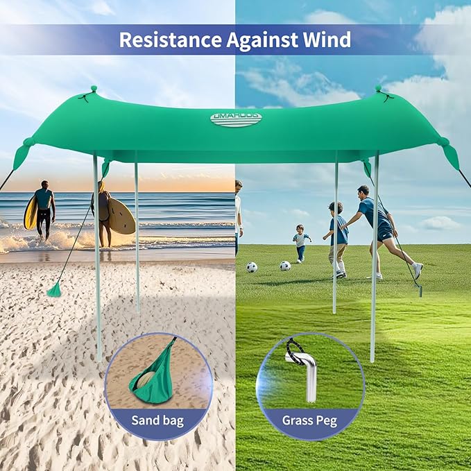UMARDOO Family Beach Tent Canopy Sun Shade Portable, Large Compact Beach Sun Shelter Easy Setup with Packable Bag for Outdoor Travel (Green, 10X10 FT. 4Poles)