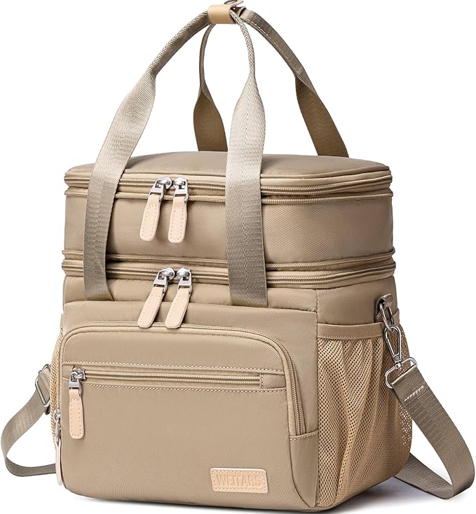 Weitars Insulated Lunch Box for Women Men-Dual Compartment Waterproof Reusable Large Lunch Bag Wide-Open Tote Cooler Bag for Working Picnic Hiking (15L) (Kahki)