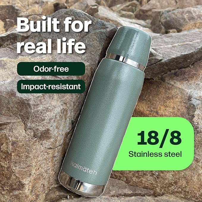 KALMATEH Thermal Double Walled Vacuum Insulated Stainless Steel Beverage Bottle 760ml, Precise Pouring & Heat Retention For Coffee, Tea, Yerba Mate and Camping