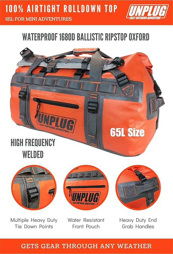 UNPLUG Ultimate Adventure Bag | 1680D Heavy Duty Waterproof Bag | Large Travel Duffle Bag which can be Used for Camping, Motorcycling, Boating, or Hunting