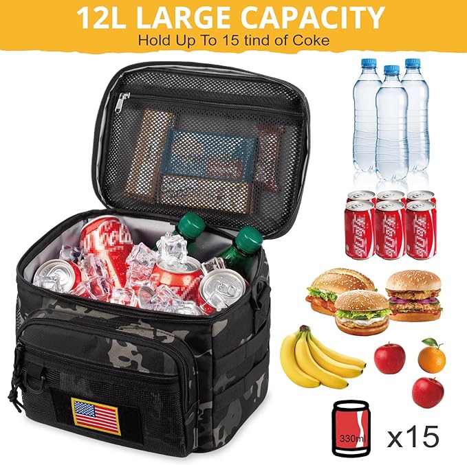 Tactical Reusable Lunch Bag for Men/Women - Insulated Lunch Box Leakproof Lunch Pail Freezable with Adjustable Shoulder Strap,Lunch Cooler Bag for Work Office Picnic Beach，Black Camo