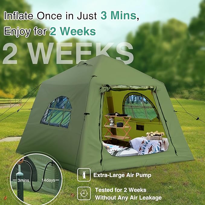 2025 Upgraded 100% Waterproof Inflatable Camping Tent, Large Blow-Up Air Tent, No Assembly Needed Luxury Glamping House, Oxford Fabric