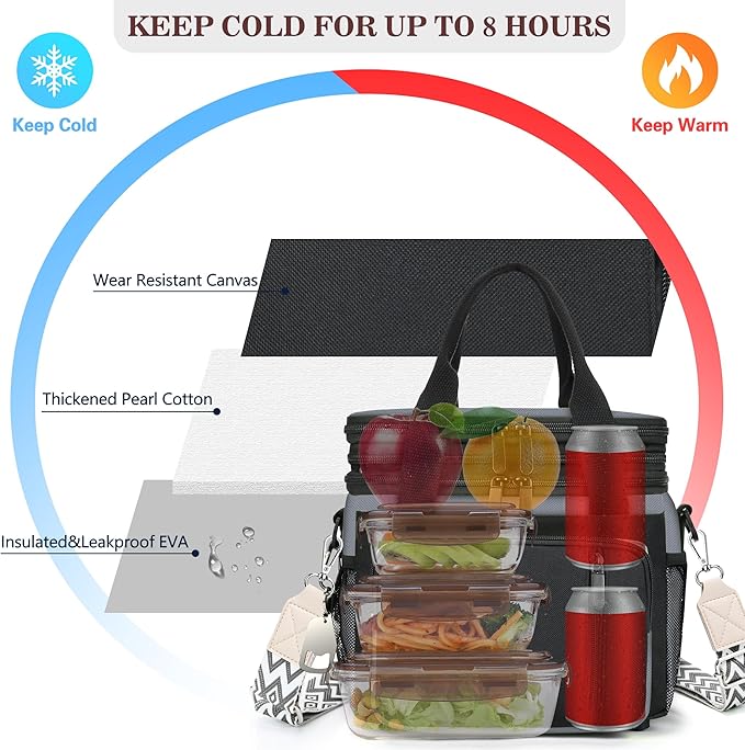 LOKASS Lunch Box for Men/Women-16L-Insulated Lunch Bag, Expandable Double-Layer Leakproof Cooler Bag with Upgrade Adjustable Shoulder Strap Ideal for Work/Travel/Picnics（Gray&Black）