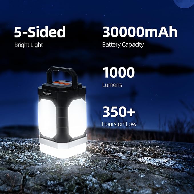 Sinvitron 30000mAh LED Camping Lantern with QC3.0 Fast Charging, 1000LM Emergency Lights for Power Outages, 350H Runtime, IPX5 Waterproof Rechargeable Lamp for Tent, Outdoor (Black/Orange)