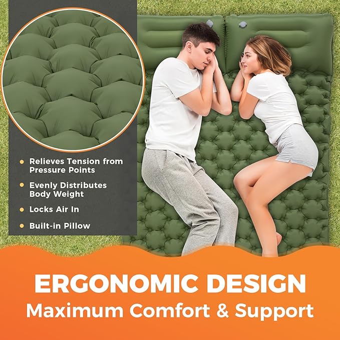 KingCamp Sleeping Pad for Camping, Inflatable Sleeping Pad Ultralight Connectable Camping Mattress with Pillow Built-in Foot Pump for Backpacking Hiking Tent Cot